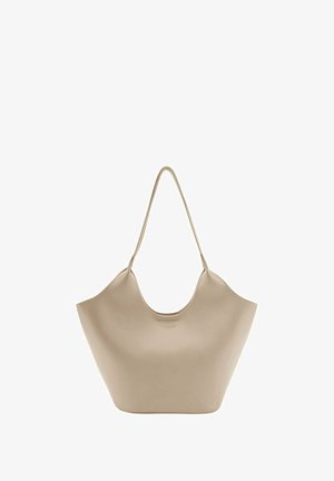 Beige tote bag made of smooth leather, with a rounded shape and wide opening. Features double shoulder straps and minimal branding.