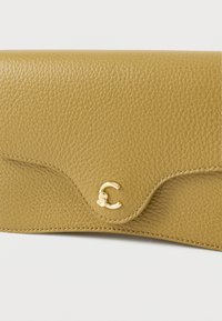 Carteira de couro verde-amarelado com superfície texturizada, apresentando uma aba curva e um detalhe de logo dourado perto do canto inferior direito.