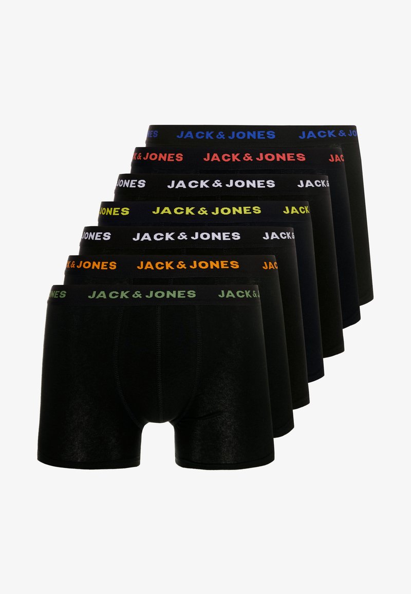 Moške bokserice v črni tkanini z elastiko na pasu, na kateri je logotip 'JACK & JONES' v različnih barvah: modri, oranžni, rumeni, zeleni in beli.