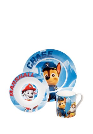 Children’s plate set with Paw Patrol characters Chase and Marshall, including a cup, a large plate, and a smaller bowl.
