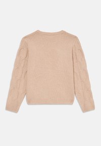 Maglione beige lavorato a maglia con scollatura rotonda, maniche lunghe con un motivo a treccia testurizzato e polsini e orlo a costine.