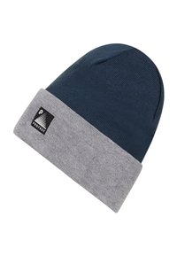 Berretto lavorato a maglia di colore blu scuro con un risvolto grigio. Presenta un'etichetta nera con un design a triangolo. Texture morbida e vestibilità aderente.