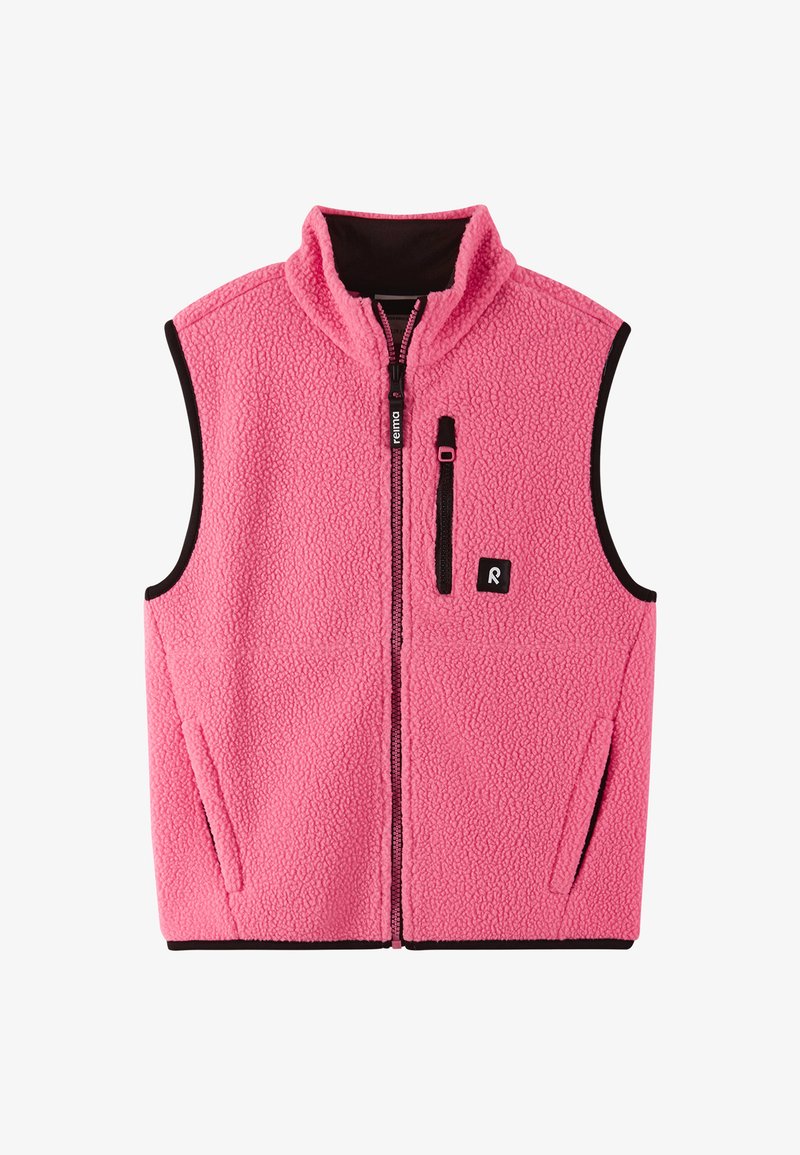 Fleece-Weste in leuchtendem Pink, mit hohem Kragen, durchgehendem Reißverschluss, seitlichen Taschen und schwarzen Zierverschlüssen. Mit Logo auf der Brust.