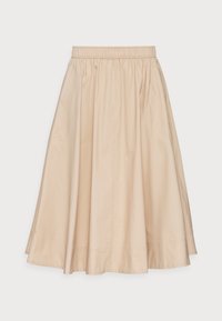 Beige midi rok met een elastische tailleband en twee zijzakken, met een uitlopende snit en een gladde stoftextuur.