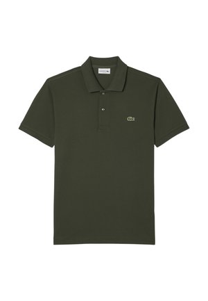 Polo shirt verde scuro in cotone, con colletto, tre bottoni e un piccolo logo ricamato sul petto sinistro.