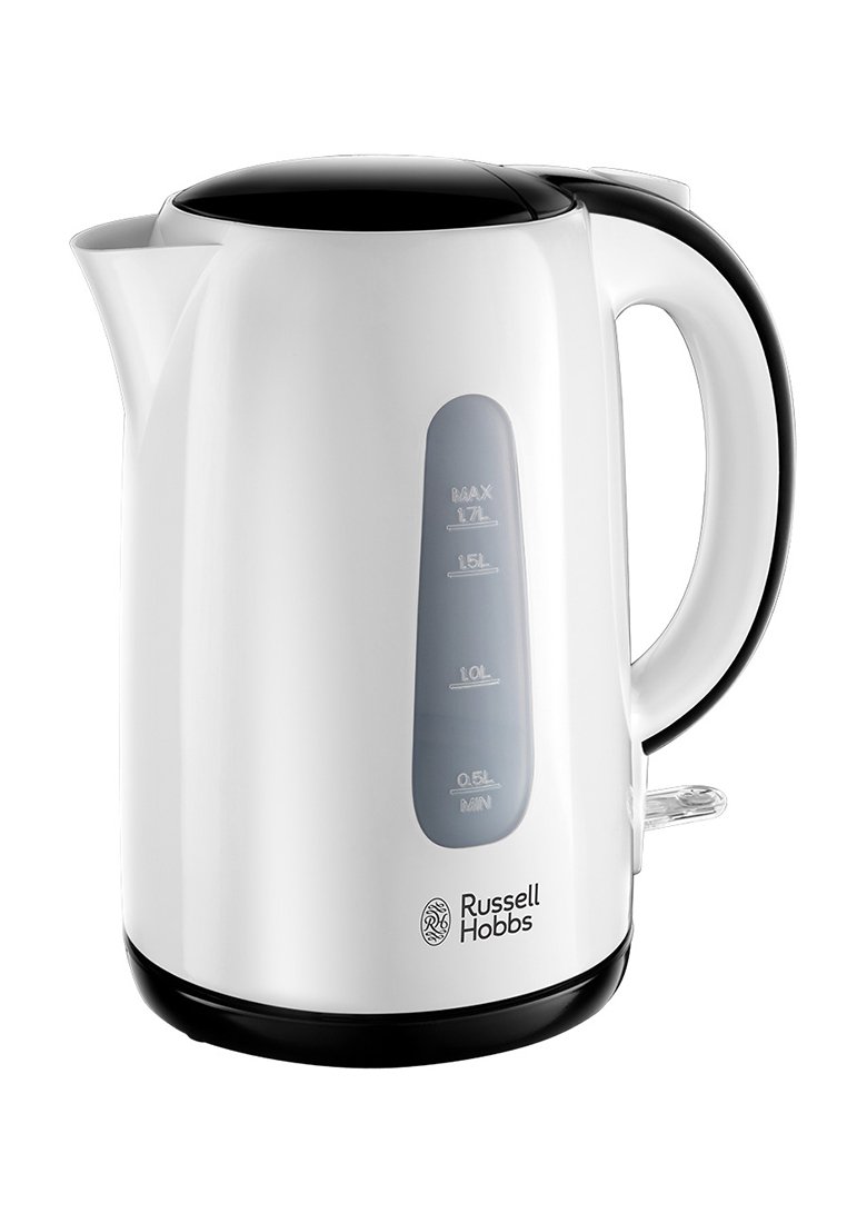 Bouilloire électrique en plastique blanc avec un couvercle et une base noirs, dotée d'un indicateur de niveau d'eau transparent et du logo Russell Hobbs à l'avant.