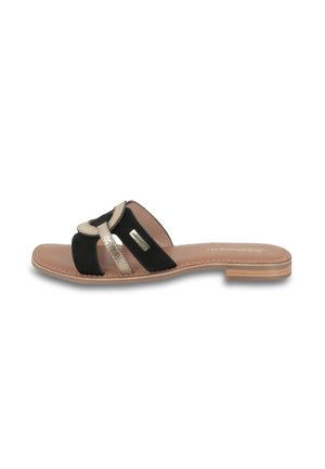 Infradito in suede nero con accenti metallici dorati, design aperto con punta, suola piatta color tan e dettagli cuciti lungo i bordi.