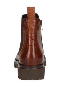 Braune Leder-Stiefeletten mit einem seitlichen Reißverschluss, einer gepolsterten Sohle und einem prägnanten Logo-Detail auf der Ferse. Die Nahtdetails verleihen Textur.