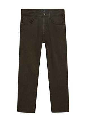 Donkerbruine denim jeans met een rechte pijp, vijf zakken, stevige stiksels en een klassieke knoopsluiting in de taille.