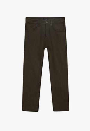 Dark brown denim jeans featuring a straight-leg cut, five-pocket design, sturdy stitching, and a classic button closure at the waist.