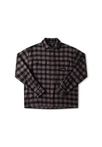 Camicia di flanella a quadri marroni e blu, maniche lunghe, colletto con bottoni, due tasche sul petto, con un piccolo logo del marchio sulla tasca sinistra.