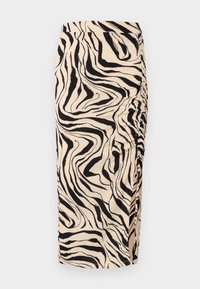 Beige rok tot de knie met een zwart zebra-patroon. Heeft gathered zijdetails en een gestructureerde stof.