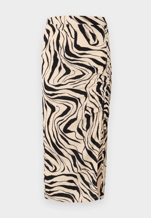 Fustă bej până la genunchi cu un model de zebra negru. Are detalii plisate pe laterale și un material texturat.