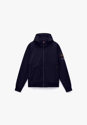 Marineblauwe zip-up hoodie met lange mouwen, capuchon, twee voorzakken met rits en een ronde logopatch op de bovenkant van de linkermouw.