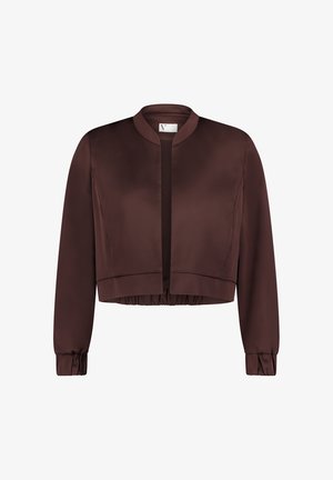Mørkebrun satin kort jakke med lange ærmer, elastiske manchetter og en krageløs åben front.