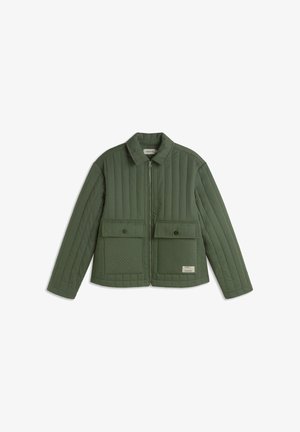 Olive green quilted jacket with long sleeves, front zipper, collar, two large buttoned flap pockets, and small rectangular label on pocket.