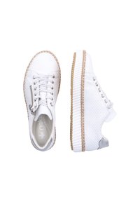 Witte sneakers met gestructureerde en gladde oppervlakken, ronde neus, rubberen zool en een decoratieve geweven rand; voorzien van een zijrits.