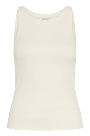 Cream tank top made of ribbed fabric, featuring a crew neckline and sleeveless design, with a fitted silhouette and smooth texture.