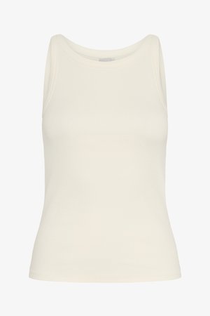 Krém színű, bordázott anyagból készült trikó, kerek nyakkivágással és ujjatlan kialakítással, testhez simuló szabással és sima tapintású textúrával.