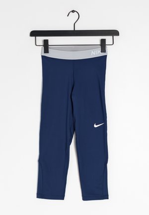 Marineblauwe sportleggings met een grijze tailleband, voorzien van een wit Nike swoosh-logo op de linker bovenbeen. Gemaakt van rekbaar materiaal.