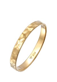 Hammered gold ring with a smooth inner band, featuring a textured exterior and stamped with a purity mark of 585.