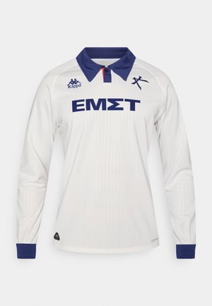 Langärmeliges weißes Sportshirt mit einem marineblauen Kragen und Bündchen sowie blauen Logos und Schriftzügen auf der Vorderseite. Hergestellt aus strukturiertem Stoff.