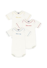 Τρία λευκά βαμβακερά φορμάκια με κοντά μανίκια, με χρωματιστές λεπτομέρειες σε κίτρινο, κόκκινο και μπλε. Κάθε ένα έχει διαφορετική κεντημένη φράση.