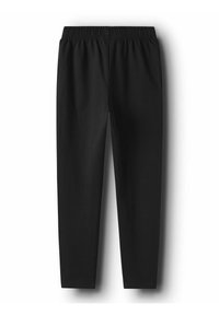 Zwarte taps toelopende broek van gladde stof, met een elastische tailleband en twee zijzakken, zonder zichtbare patronen of hardware.