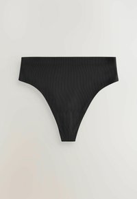 Czarny prążkowany dół bikini z wysokim stanem, ułożony na płaskim, jasnym tle, pokazujący szeroki pas i umiarkowane krycie.