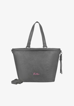 Sac à main synthétique gris de forme trapézoïdale, avec deux poignées et une bandoulière détachable. Il présente un logo rose et un détail décoratif avec pompon.