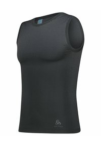Schwarzes ärmelloses Sportshirt mit einem strukturierten Mesh-Design und rundem Ausschnitt. Hat ein Logo, das nahe dem Saum aufgedruckt ist. Leichter Stoff.