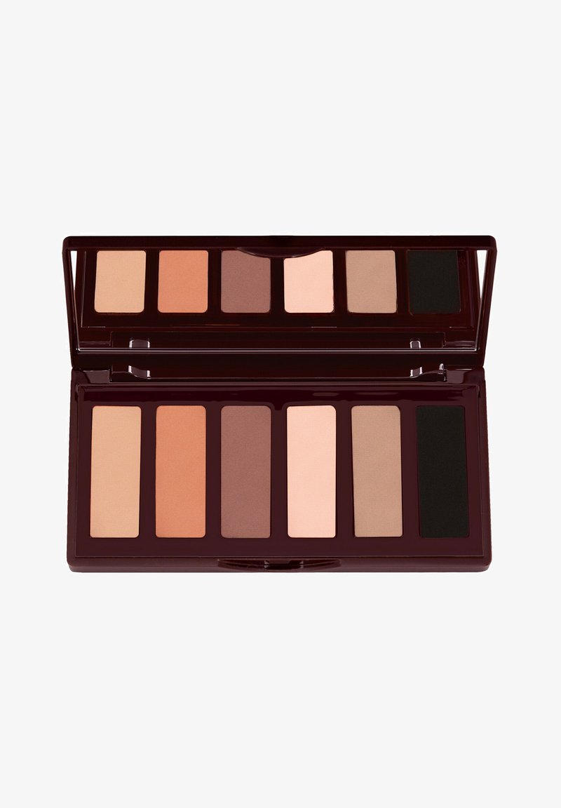 Lidschattenpalette mit sechs matten Farbtönen von Hellbeige bis Schwarz, mit eingebautem Spiegel in einem dunkelbraunen Kompaktgehäuse.