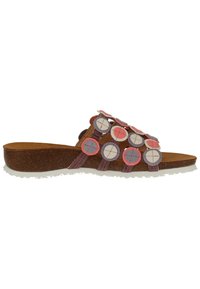 Brown slip-on sandal featuring a cork sole, with colorful circular accents in pink, purple, and cream arranged on braided straps.