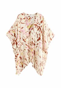 Losse kimono in lichtbeige met abstracte bruine, roze en gele patronen; heeft een v-hals en een strikdetail aan de voorkant.