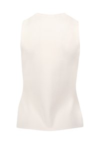 Débardeur blanc en tricot sans manches avec un col rond, ajusté à la taille, vu de dos.