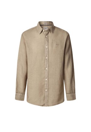 Camisa de lino beige con mangas largas, cierre de botones en la parte delantera, cuello y sutil detalle bordado, con una textura suave y un diseño clásico.