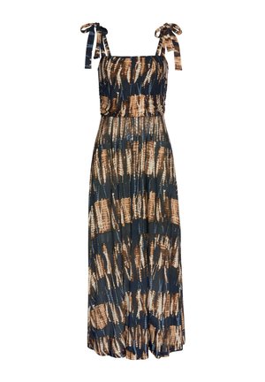 Maxi dress with adjustable tie straps, featuring a blue and brown abstract print, gathered bodice, and pleated skirt. Made from lightweight fabric.