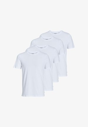 Quattro T-shirt bianche in cotone con maniche corte e collo rotondo, caratterizzate da un design semplice e una texture morbida. Nessun motivo o dettaglio hardware.