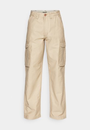 Beige Cargo-Hosen mit zwei Seitentaschen, Knopfverschluss, Gürtelschlaufen und geradem Bein. Hergestellt aus strapazierfähigem Baumwollmaterial.