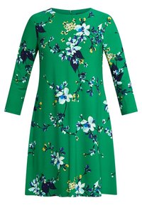 Green dress with a floral pattern, featuring long sleeves, a round neck, and a loose fit that falls above the knee.