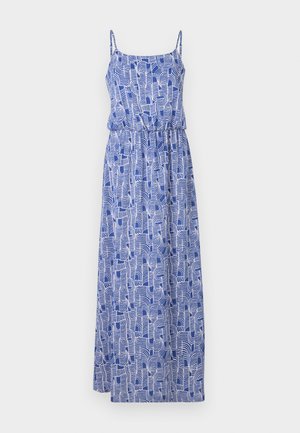 Abito lungo con spalline sottili, caratterizzato da un tessuto blu decorato con motivi astratti bianchi a spirale. La vita elastica crea un effetto arricciato.