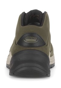 Olijfgroene wandelschoenen met een gestructureerde zwarte rubberen zool, een gevoerde kraag en een logo-accent op de hak. Heeft een stevige constructie.