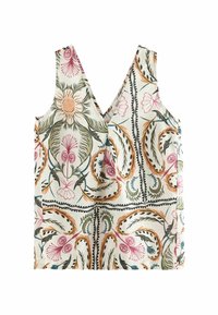 Mouwloos topje van lichte stof, met een bloemenpatroon in roze, groen en oranje, een V-hals en een ontspannen pasvorm.