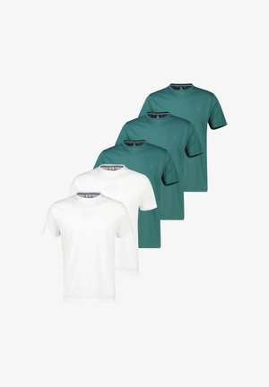 Fünf schlichte kurzärmelige T-Shirts mit Rundhalsausschnitt, zwei weiße vorne und drei türkise dahinter, diagonal auf weißem Hintergrund angeordnet.