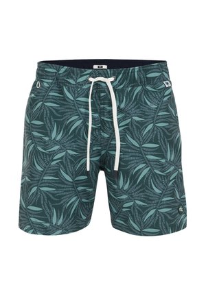 Shorturi de baie pentru bărbați, de culoare verde închis, cu un model de frunze. Fabricate dintr-un material ușor, acestea au un talie cu șnur și buzunare laterale.