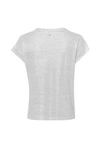 Gestreiftes kurzärmliges T-Shirt in Hellgrau und Weiß, mit Rundhalsausschnitt und lockerem Schnitt. Weicher Stoff mit texturiertem Finish.