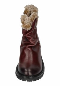 Burgunderfarbene Leder-Ankle Boots mit einem lässigen Design, einem Kunstfellkragen, einer strukturierten schwarzen Sohle und einer glatten Oberfläche.