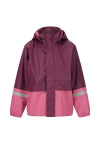 Vandtæt jakke i mørk lilla og pink med lynlås, elastiske manchetter og reflekterende striber på ærmerne for øget synlighed.