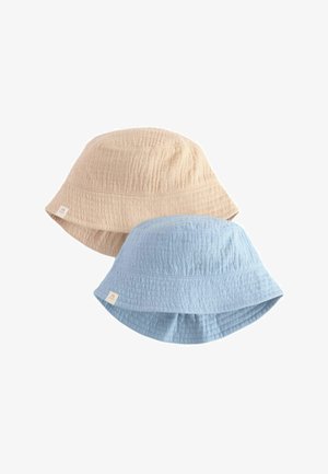 Zwei Bucket-Hüte sind ausgestellt: einer in hellem Beige und der andere in hellblau. Beide verfügen über einen strukturierten Stoff und eine breite Krempe.