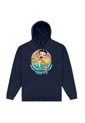 Granatowy hoodie z graficznym wzorem na przodzie przedstawiającym postać z kreskówki z psem, otoczoną abstrakcyjnym wzorem i słowem "RAK" w kolorze teal.
